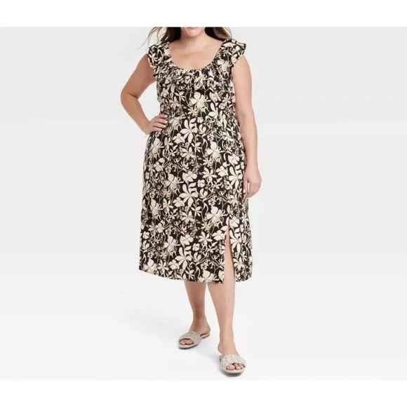 Ava & Viv Ruffle Sleeve Empire Waist Linen Blend Dress In Black Floral 1X - Picture 1 of 11